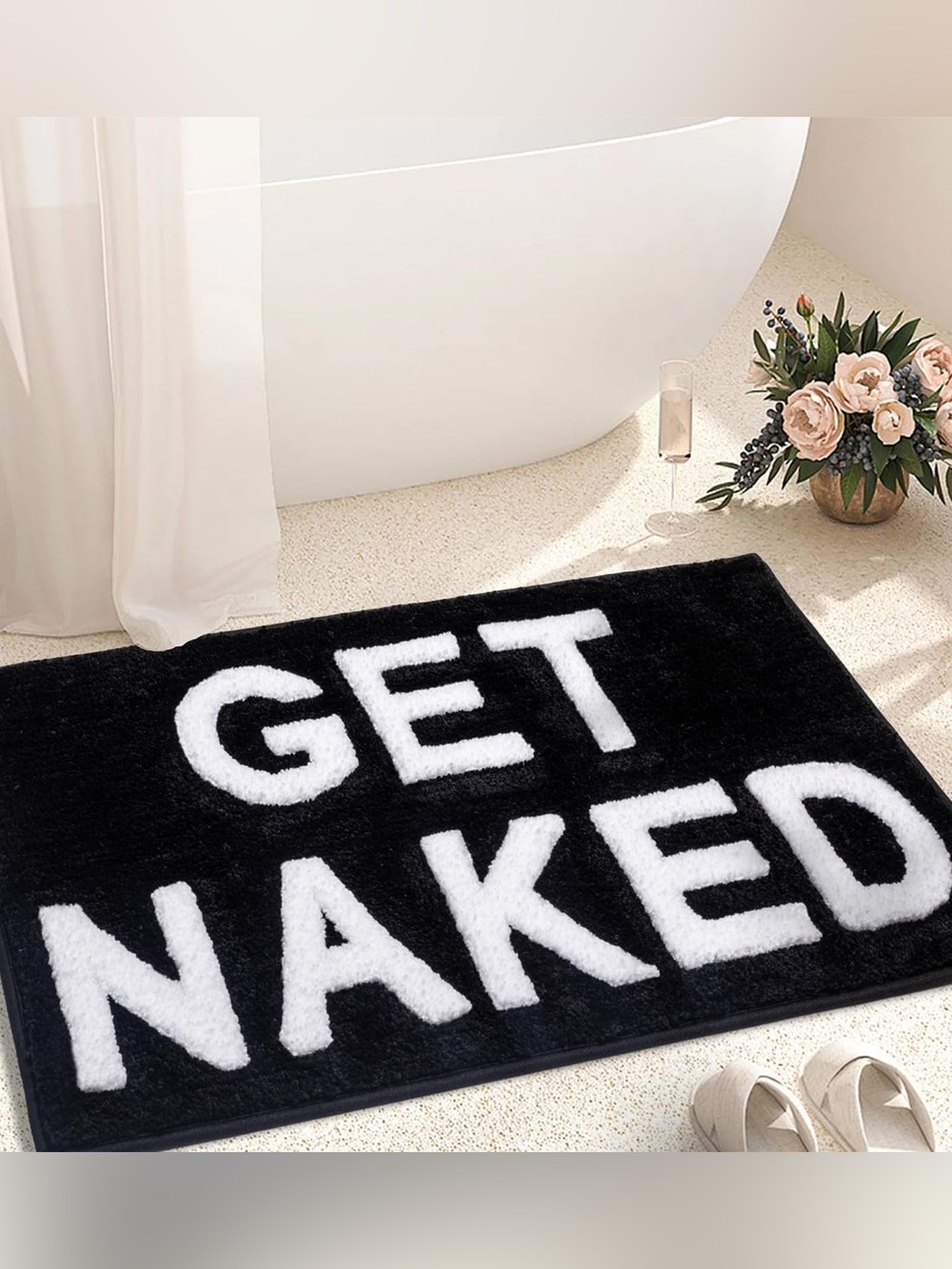 Bathroom Accent Mat - Black & White "GET NAKED" Plush Bath Rug